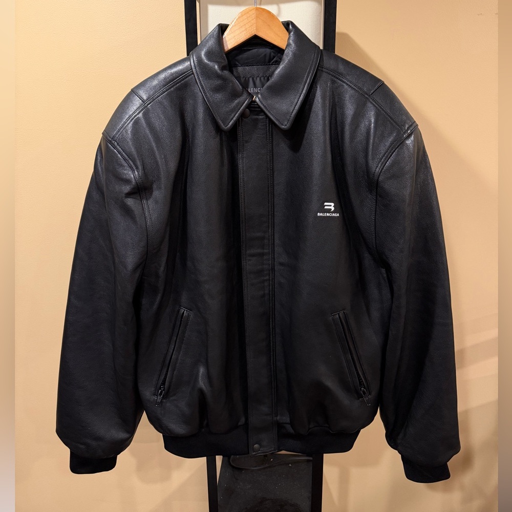 Balenciaga Demna Sport B Taxi Blouson Leather Bomber Shoulder Padded Jacket